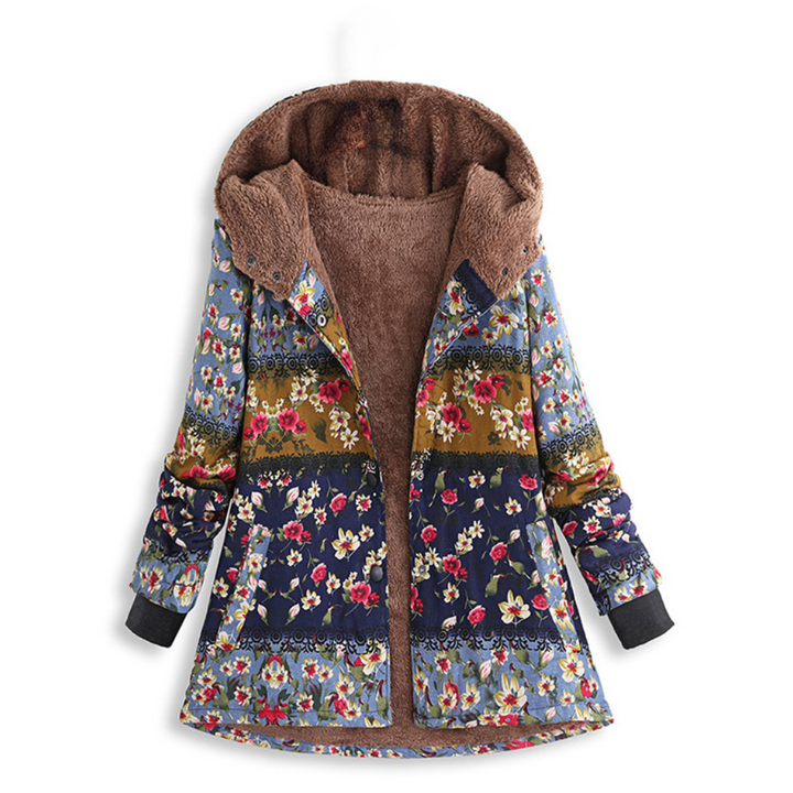 Dames winterjas met bloemenprint, gevoerd met fleece, capuchon, kleurrijk design, warme en stijlvolle jas voor koude seizoenen.