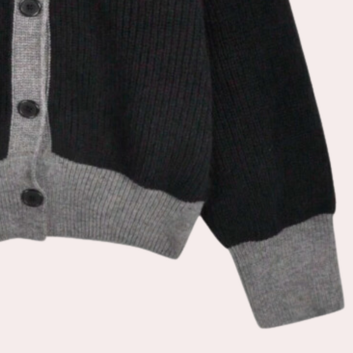 Zwarte en grijze gebreide cardigan met knopen, damesmode, herfstkleding, comfortabele en stijlvolle trui, casual outfit, warme kleding.