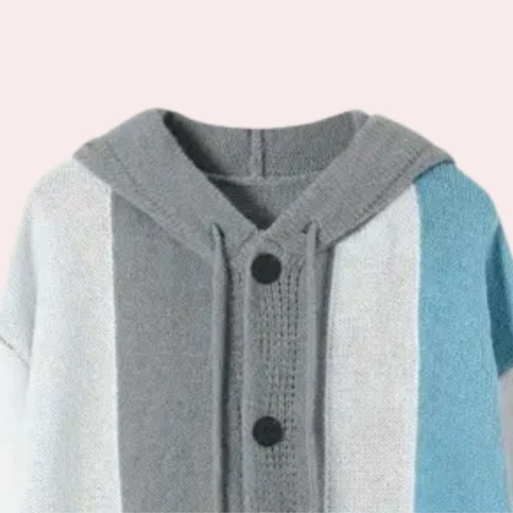 Grijze en blauwe gestreepte gebreide hoodie met knopen, unisex design, comfortabele casual mode, ideaal voor herfst en winter.