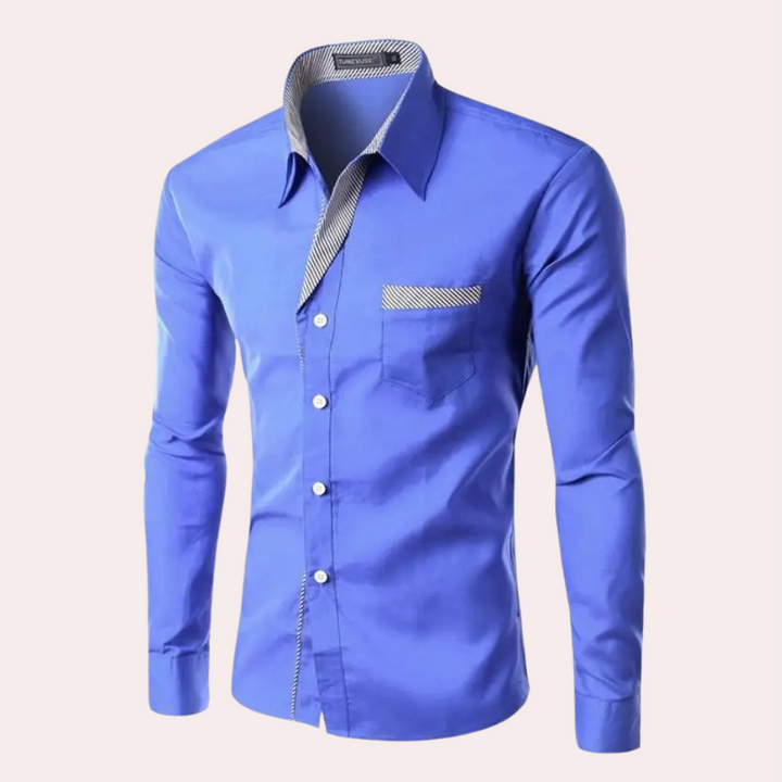 Stijlvol blauw herenoverhemd met lange mouwen, contrasterende kraag en knopen. Perfect voor zakelijke en casual gelegenheden.