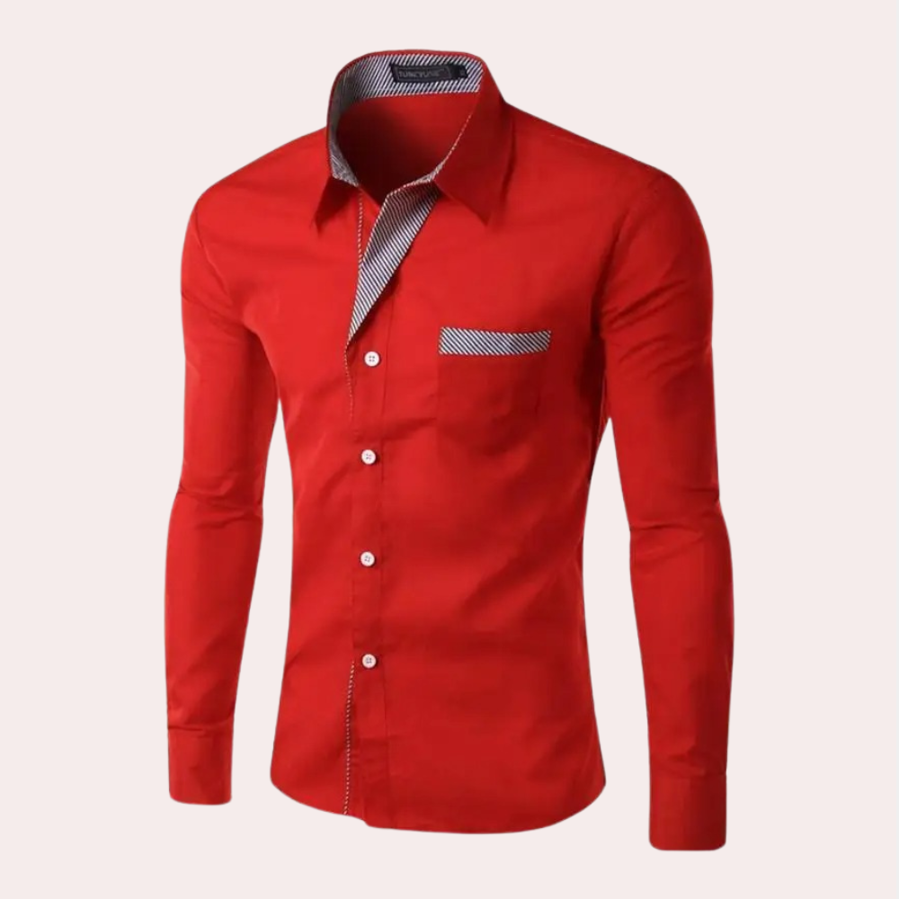 Stijlvol rood herenoverhemd met lange mouwen, knoopsluiting en borstzak. Perfect voor formele en casual gelegenheden.