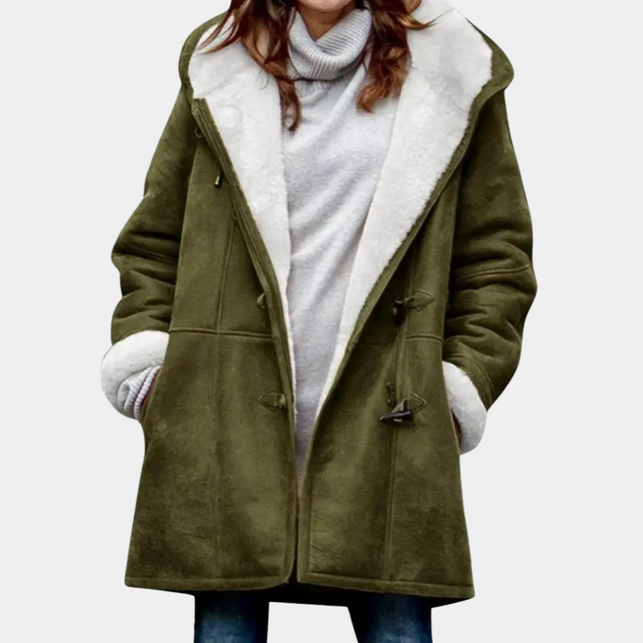 Dames winterjas, olijfgroen, met capuchon en witte voering, knoopsluiting, lange mouwen, warme en stijlvolle wintermode.