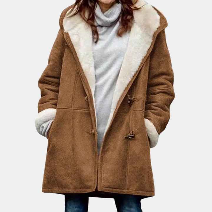 Dames winterjas bruin, lange wollen mantel met witte voering, stijlvolle warme jas voor koude seizoenen, modieuze dameskleding.