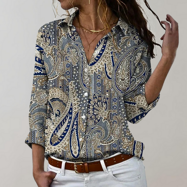 Damesblouse met paisleyprint, lange mouwen en kraag. Stijlvolle casual outfit, ideaal voor modieuze vrouwen. Perfect voor dagelijks gebruik.