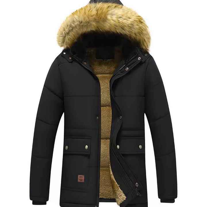 Zwarte heren parka met bontkraag, winterjas met capuchon, warme voering, stijlvolle en functionele jas voor koude seizoenen.