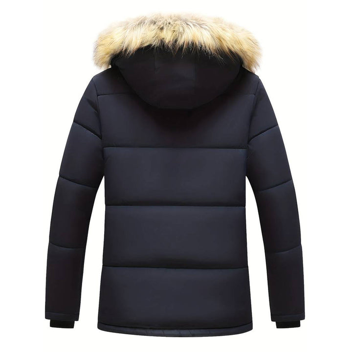 Zwarte heren parka met bontkraag, winterjas met capuchon, warme gewatteerde jas, stijlvolle en functionele winterkleding voor heren.
