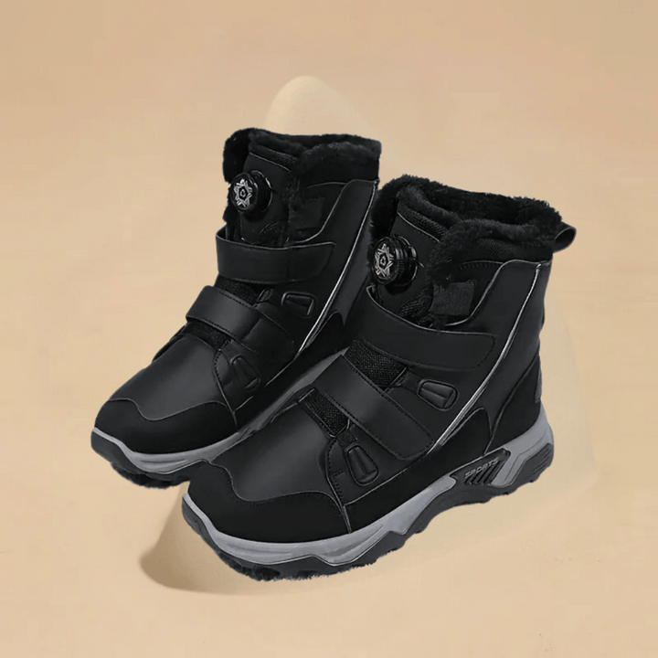 Zwarte winterlaarzen met klittenbandsluiting en bontvoering, ideaal voor koude weersomstandigheden. Comfortabele en warme schoenen voor heren.