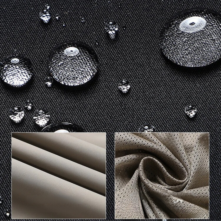 Waterdruppels op waterdichte stof met close-ups van beige textielstructuren. Ideaal voor outdoor kleding en accessoires. Duurzaam en ademend materiaal.