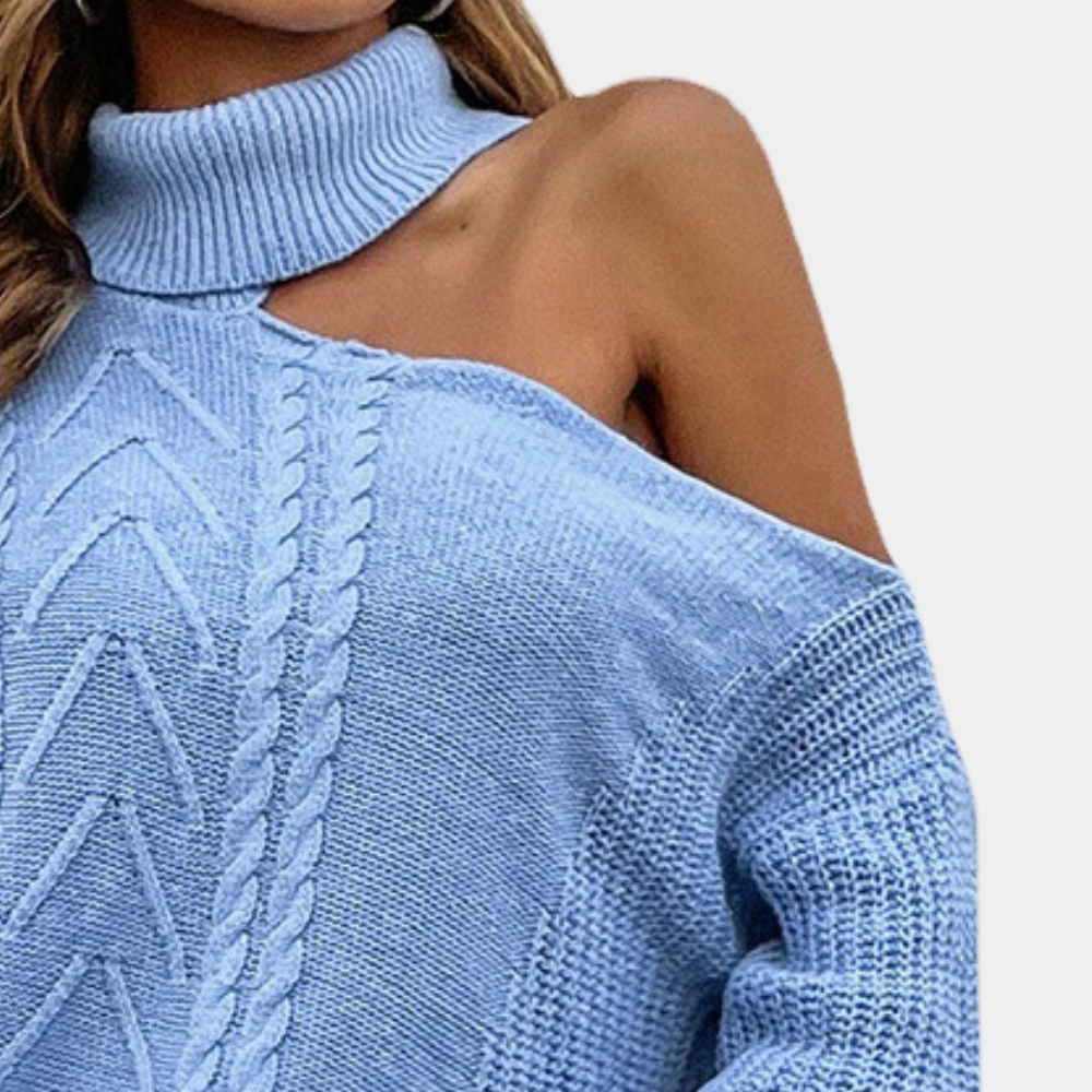 Blauwe gebreide trui met coltrui en kabelpatroon, damesmode, winterkleding, stijlvolle en warme outfit, trendy design.