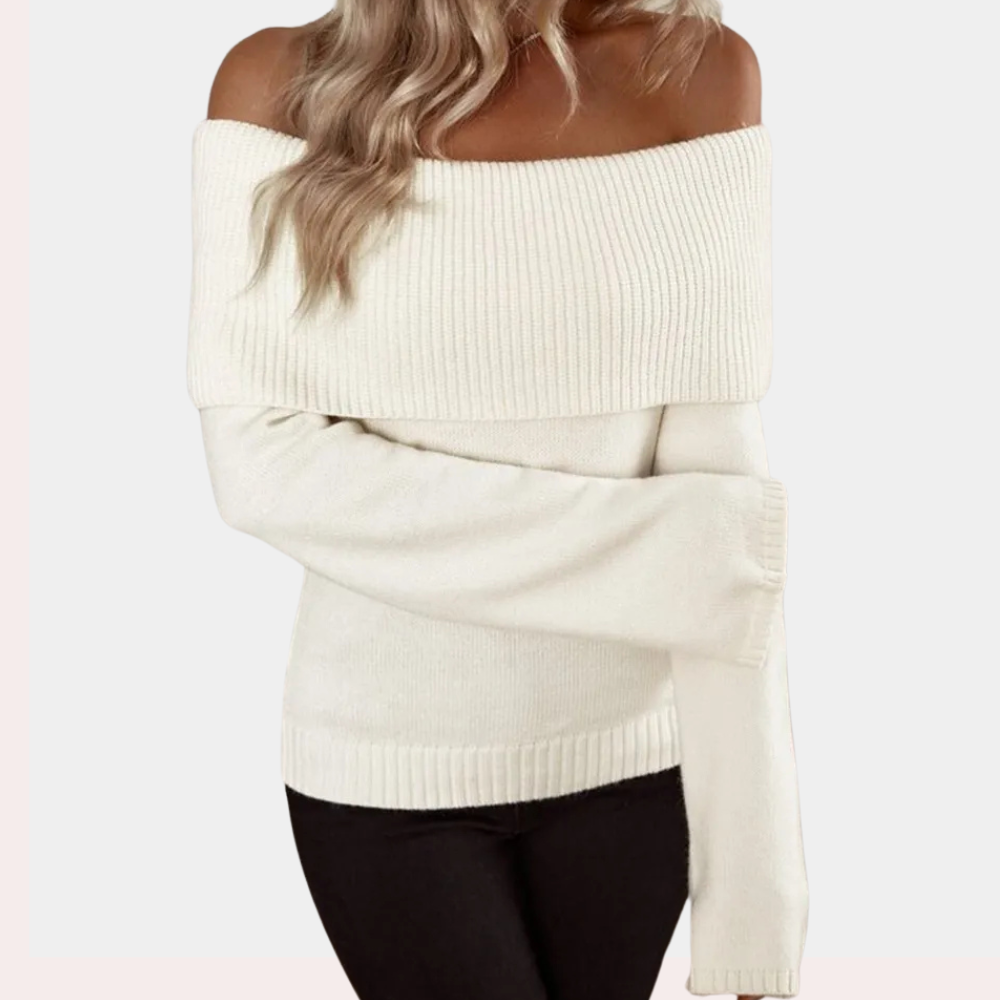 Witte off-shoulder trui voor dames, gebreid, lange mouwen, casual stijl, ideaal voor herfst- en wintermode.
