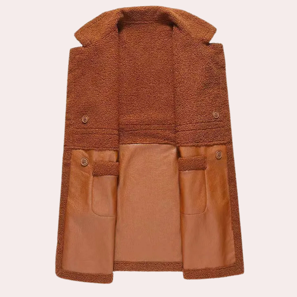 Bruine wollen jas met open voorkant, knopen en zakken. Stijlvolle winterjas voor dames, ideaal voor koude dagen. Comfortabel en modieus ontwerp.