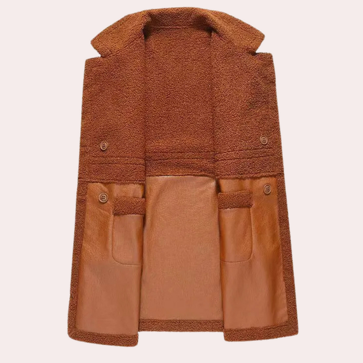 Bruine wollen jas met open voorkant, knopen en zakken. Stijlvolle winterjas voor dames, ideaal voor koude dagen. Comfortabel en modieus ontwerp.
