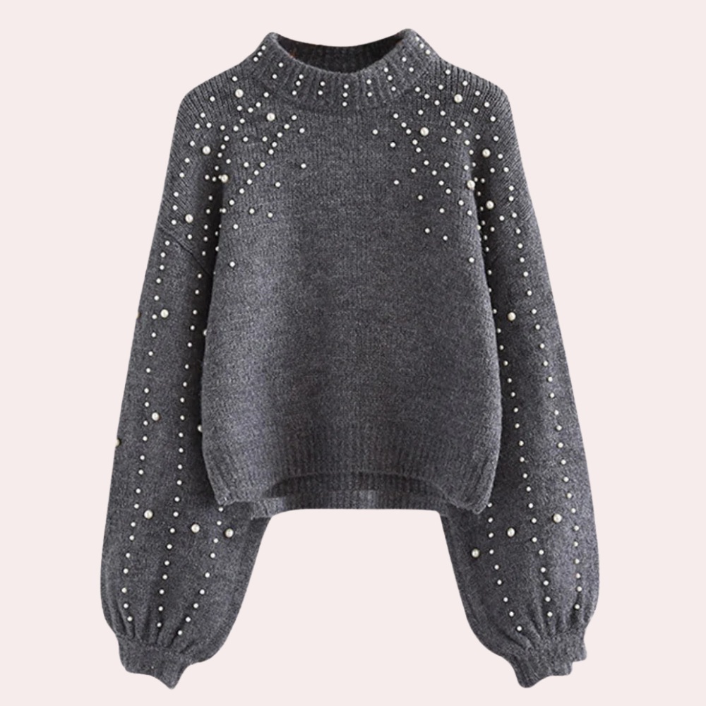 Grijze trui met parels, gebreid, lange mouwen, modieus ontwerp, dameskleding, herfst-winter, trendy, comfortabele pasvorm, casual stijl.