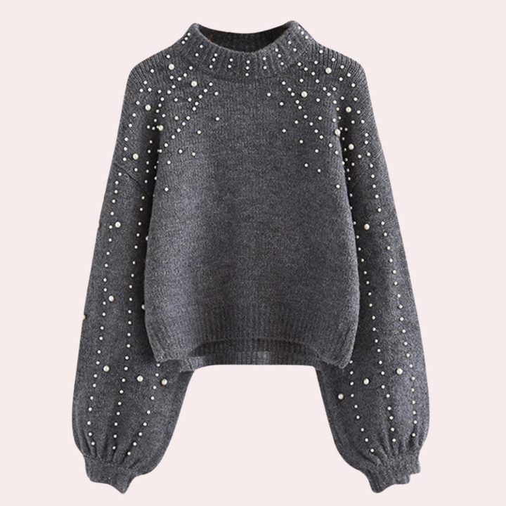 Grijze trui met parels, gebreid, lange mouwen, modieus ontwerp, dameskleding, herfst-winter, trendy, comfortabele pasvorm, casual stijl.