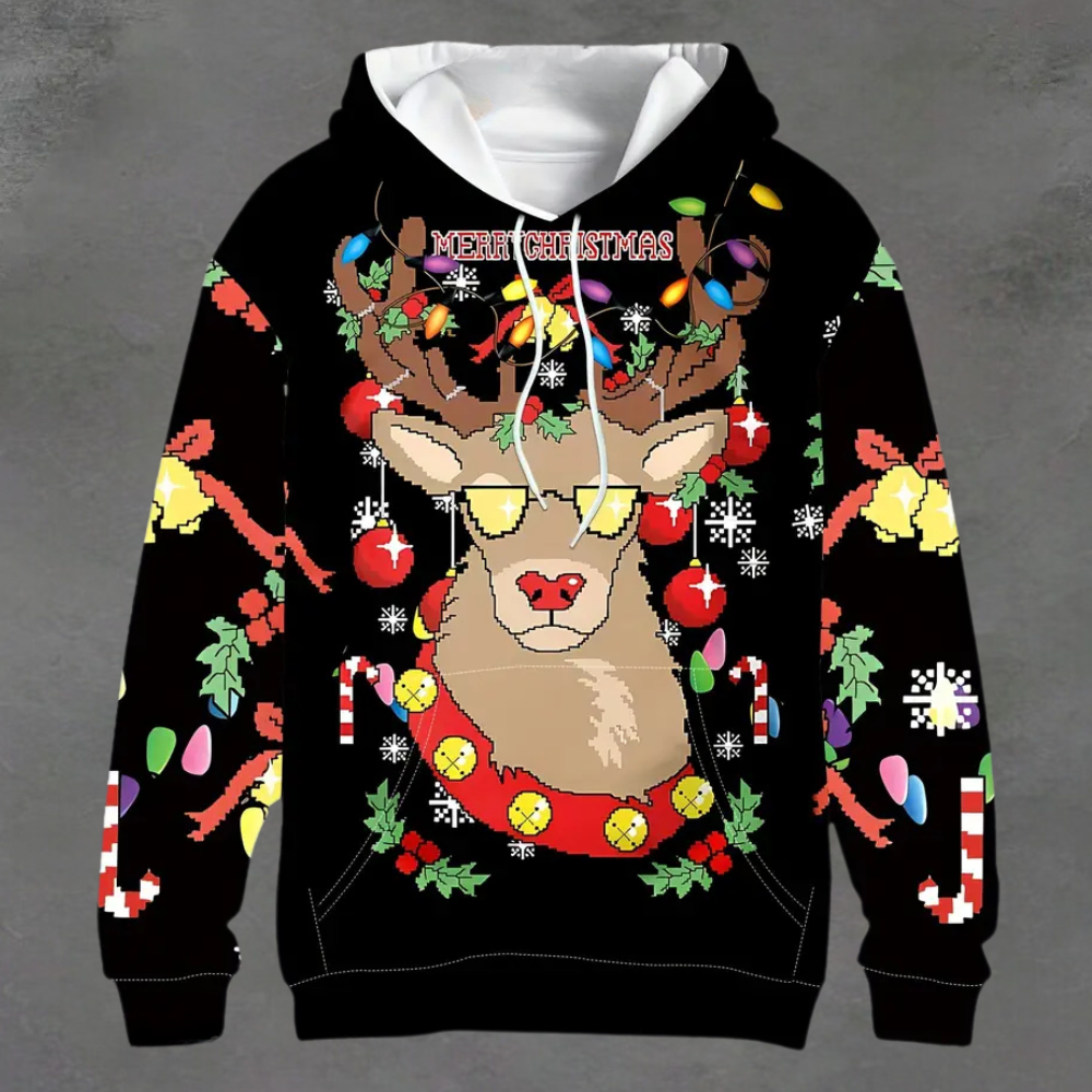Zwarte kersttrui met rendierprint, versierd met kerstballen, sneeuwvlokken en "Merry Christmas" tekst. Perfect voor feestelijke wintermode.