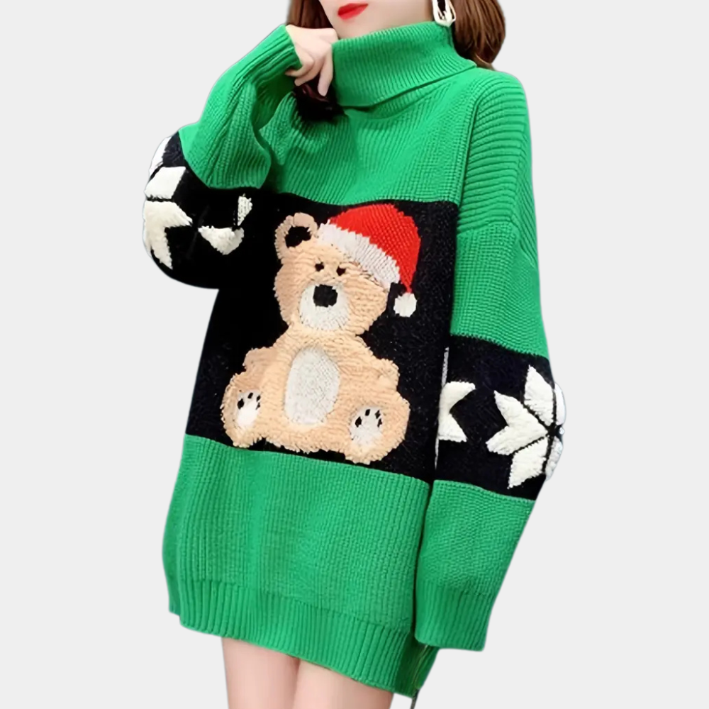 Groene trui met col en kerstbeerprint, versierd met sneeuwvlokken. Perfect voor feestdagen, warme wintermode, dameskleding.