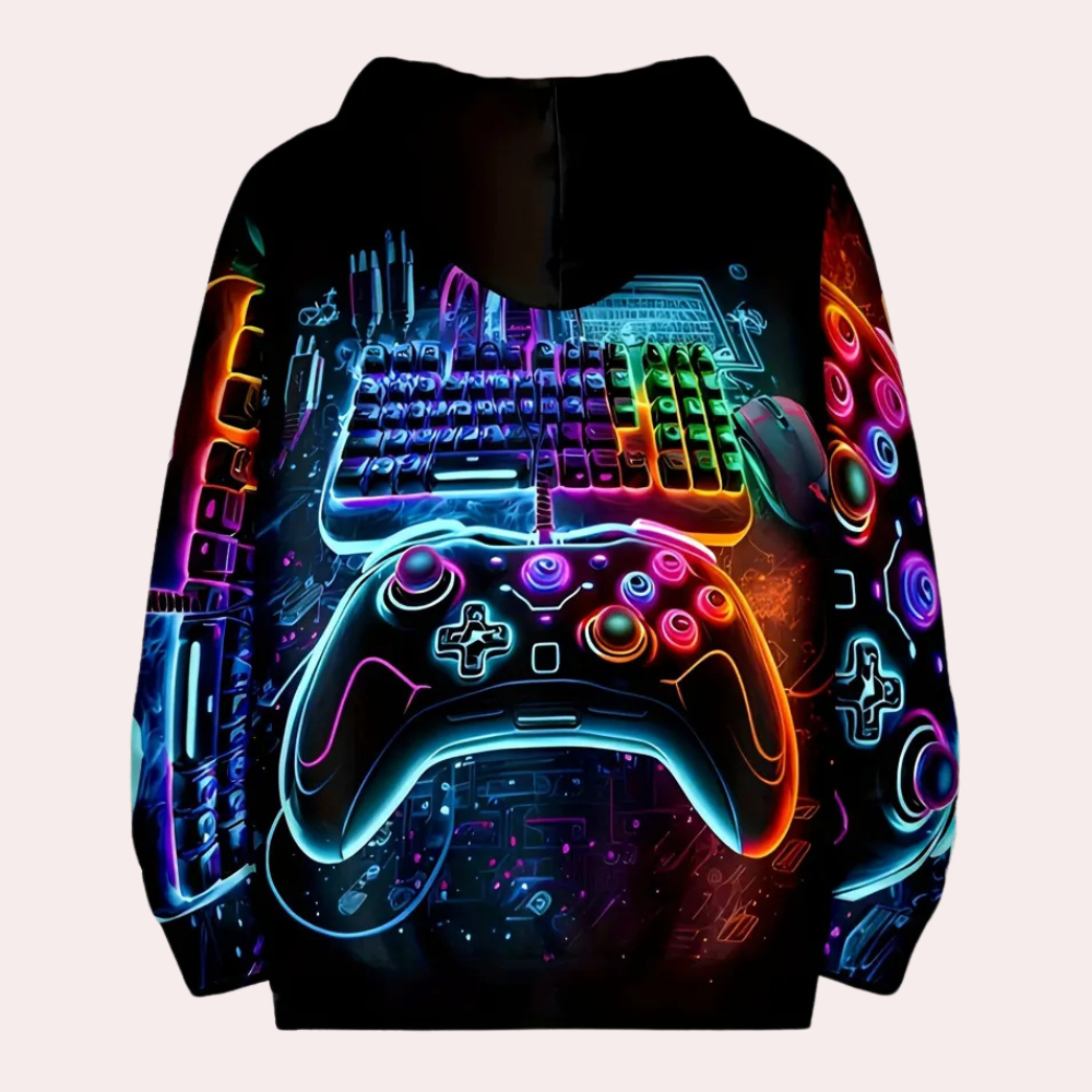 Neon gaming hoodie met kleurrijke print van gamecontroller, toetsenbord en muis. Ideaal voor gamers, unisex design, comfortabele pasvorm.