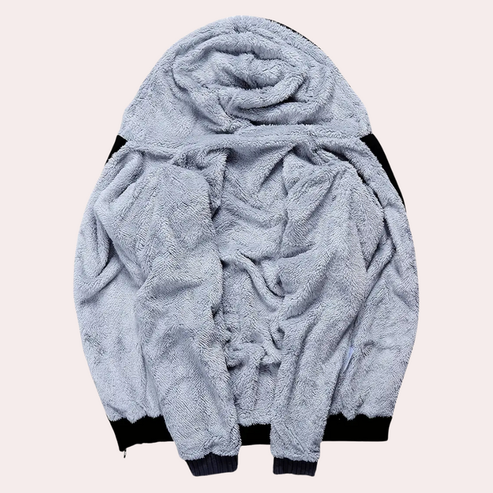 Grijze fleece hoodie met capuchon, zachte textuur, uniseks, comfortabele winterkleding, casual stijl, warme jas, modieuze streetwear.
