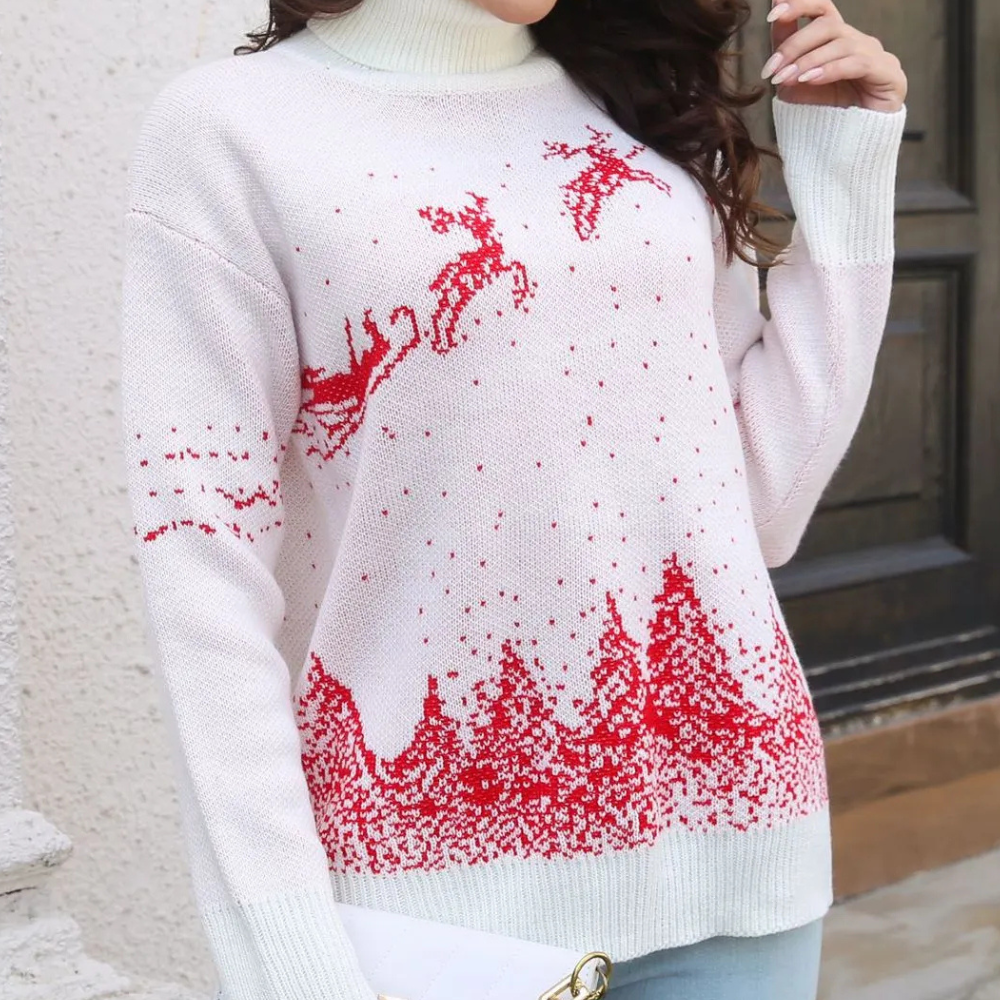Witte kersttrui met rode rendier- en sneeuwvlokprint, damesmode, winterkleding, feestelijke outfit, gebreide trui, casual stijl.