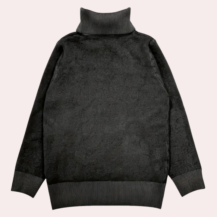 Donkergrijze coltrui met ribgebreide boorden en kraag, unisex design, warme wintermode, casual stijl, comfortabele pasvorm, hoogwaardige stof.