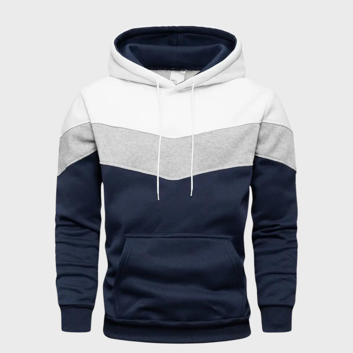 Heren hoodie met capuchon, kleurblokken wit, grijs en donkerblauw, casual streetwear, comfortabele pasvorm, mode voor mannen.