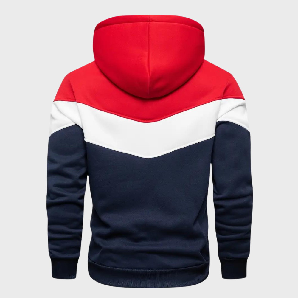 Heren hoodie met capuchon, rood-wit-blauw design, comfortabele pasvorm, casual streetwear, geschikt voor dagelijks gebruik, modieuze herenkleding.
