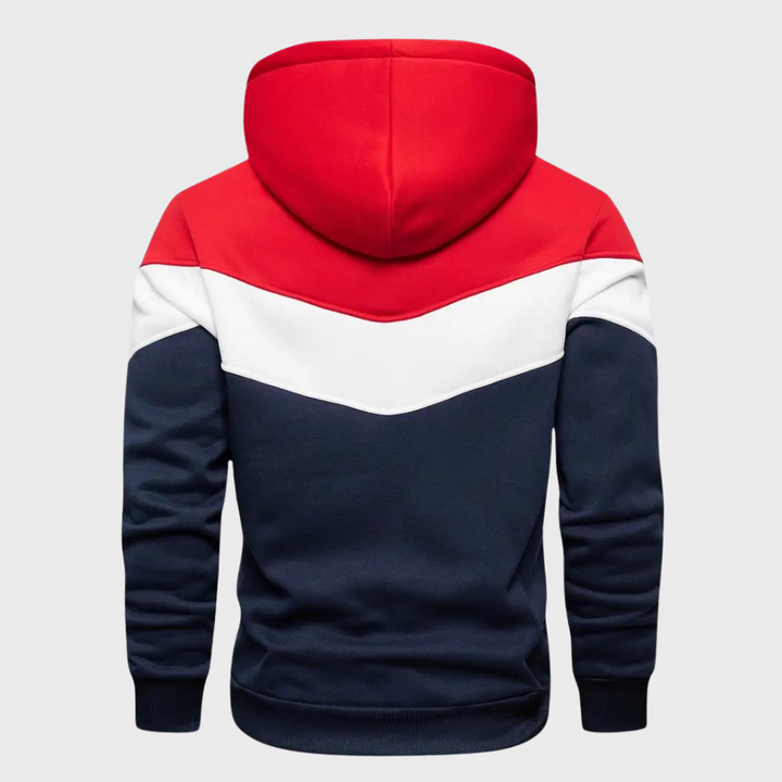 Heren hoodie met capuchon, rood-wit-blauw design, comfortabele pasvorm, casual streetwear, geschikt voor dagelijks gebruik, modieuze herenkleding.