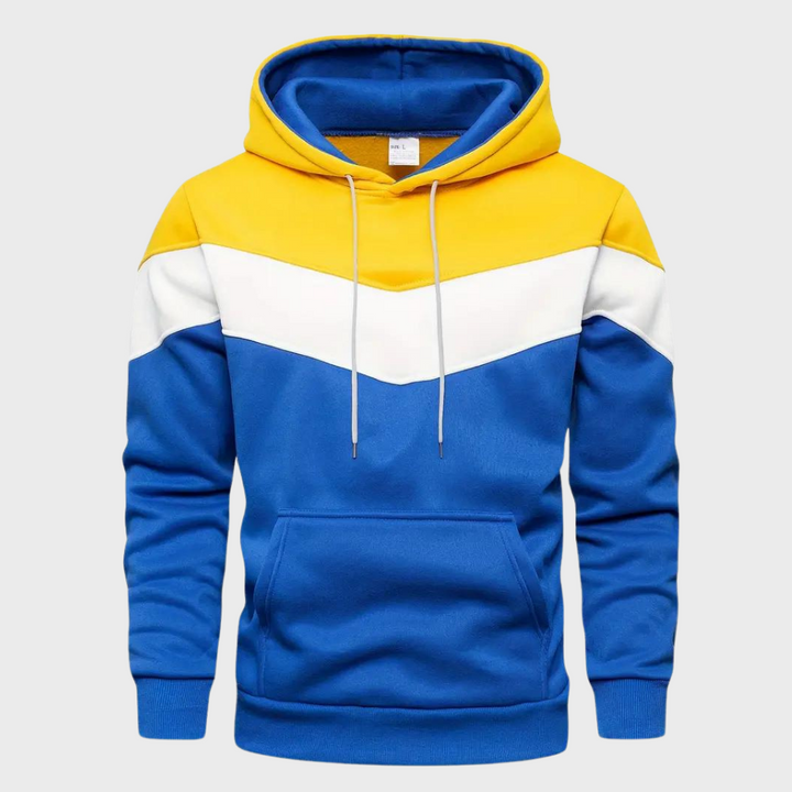 Blauwe heren hoodie met capuchon, gele en witte accenten, sportief design, comfortabele pasvorm, ideaal voor casual en sportieve gelegenheden.
