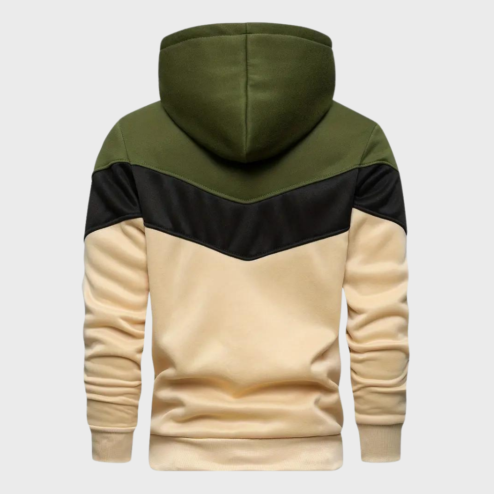 Heren hoodie met capuchon, driekleurig ontwerp in olijfgroen, zwart en beige. Comfortabele pasvorm, ideaal voor casual en sportieve outfits.