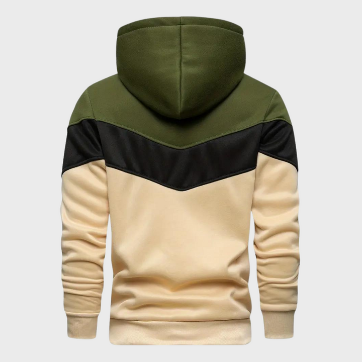 Heren hoodie met capuchon, driekleurig ontwerp in olijfgroen, zwart en beige. Comfortabele pasvorm, ideaal voor casual en sportieve outfits.