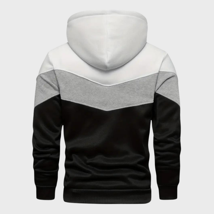 Heren hoodie met capuchon, kleurblokken zwart, grijs en wit, comfortabele pasvorm, casual streetwear, mode voor mannen, trendy kleding.