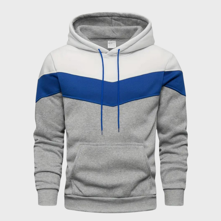 Grijze heren hoodie met capuchon, blauw-witte strepen, comfortabele pasvorm, casual streetwear, ideaal voor dagelijks gebruik en sportieve activiteiten.