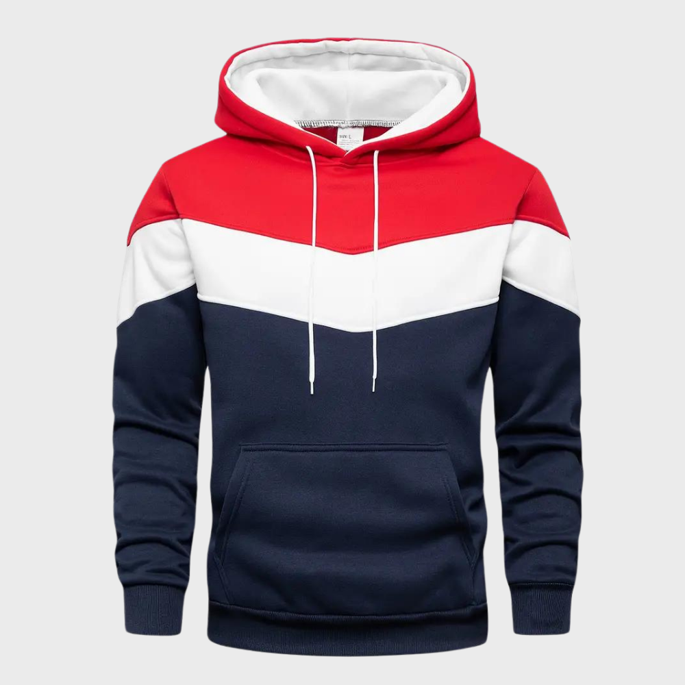 Heren hoodie met capuchon, rood-wit-blauw kleurblok ontwerp, comfortabele pasvorm, casual streetwear, ideaal voor dagelijks gebruik.