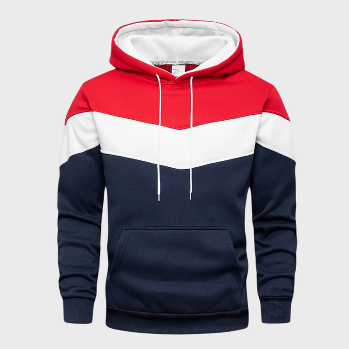 Heren hoodie met capuchon, rood-wit-blauw kleurblok ontwerp, comfortabele pasvorm, casual streetwear, ideaal voor dagelijks gebruik.