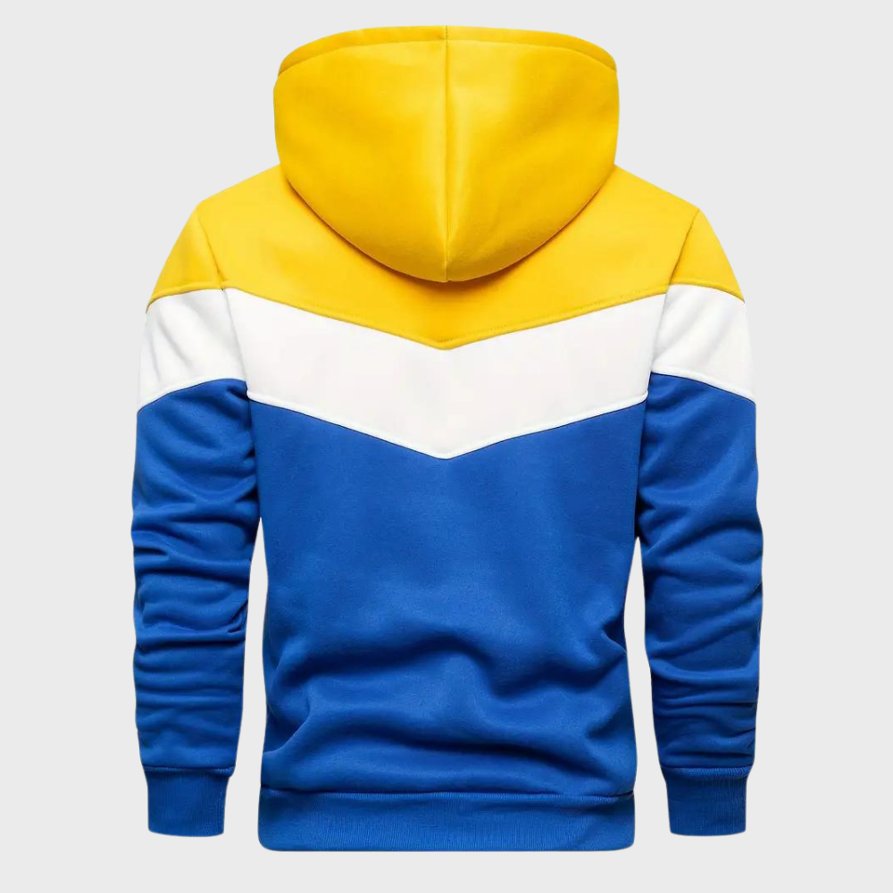Heren hoodie met capuchon, kleurblokken geel, wit en blauw, comfortabele pasvorm, casual streetwear, modieuze herenkleding.