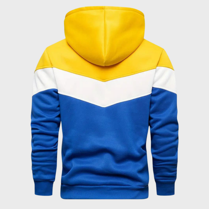 Heren hoodie met capuchon, kleurblokken geel, wit en blauw, comfortabele pasvorm, casual streetwear, modieuze herenkleding.