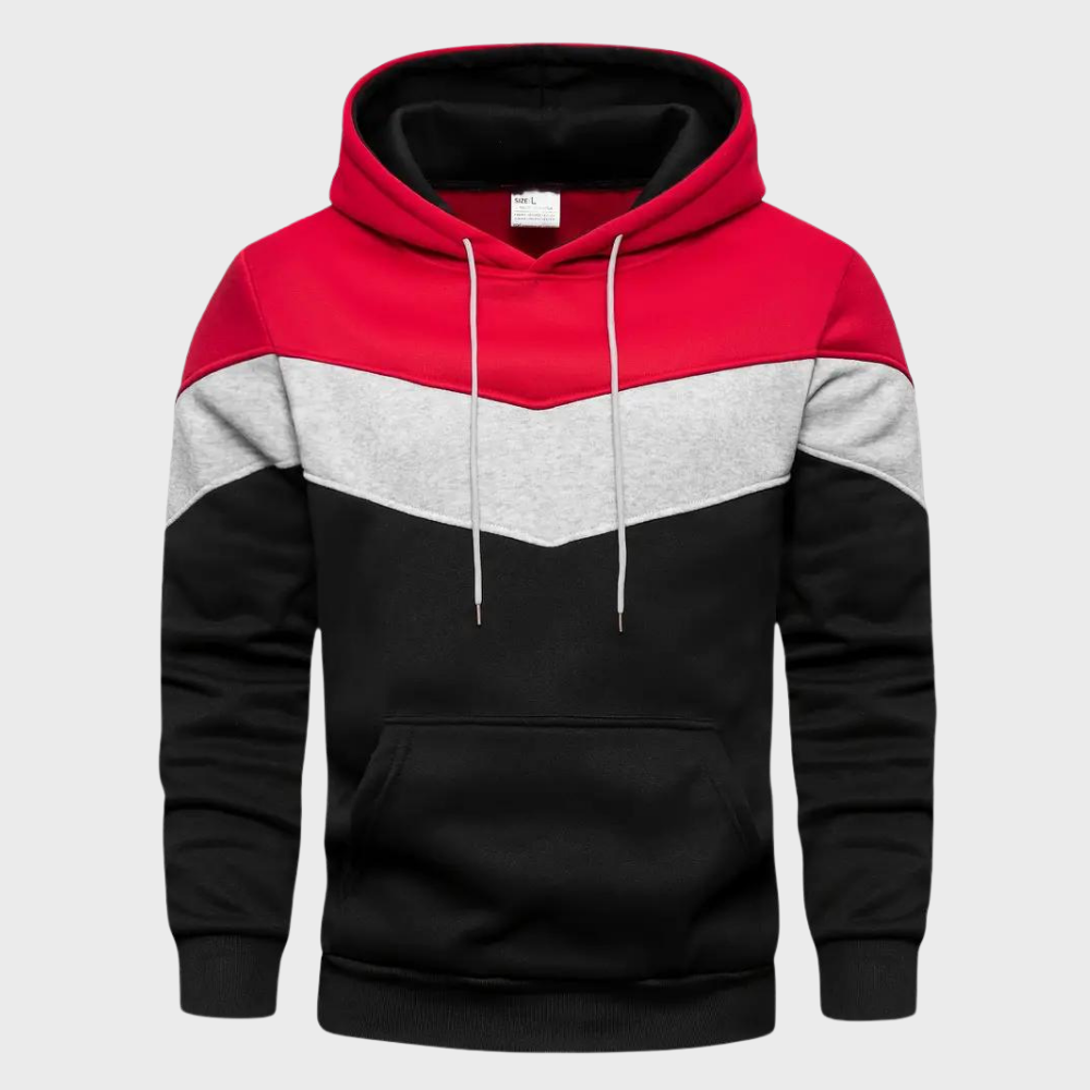 Heren hoodie met capuchon, rood-grijs-zwart kleurblok ontwerp, comfortabele pasvorm, casual streetwear, ideaal voor dagelijks gebruik.
