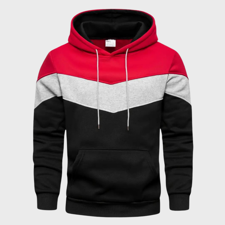 Heren hoodie met capuchon, rood-grijs-zwart kleurblok ontwerp, comfortabele pasvorm, casual streetwear, ideaal voor dagelijks gebruik.