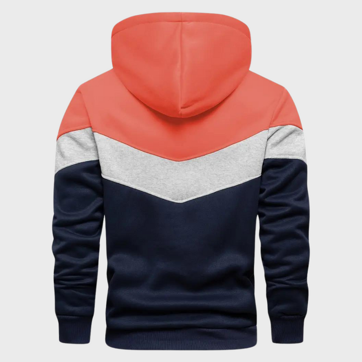 Heren hoodie met capuchon, driekleurig ontwerp in rood, grijs en donkerblauw. Comfortabele casual stijl, ideaal voor dagelijks gebruik.