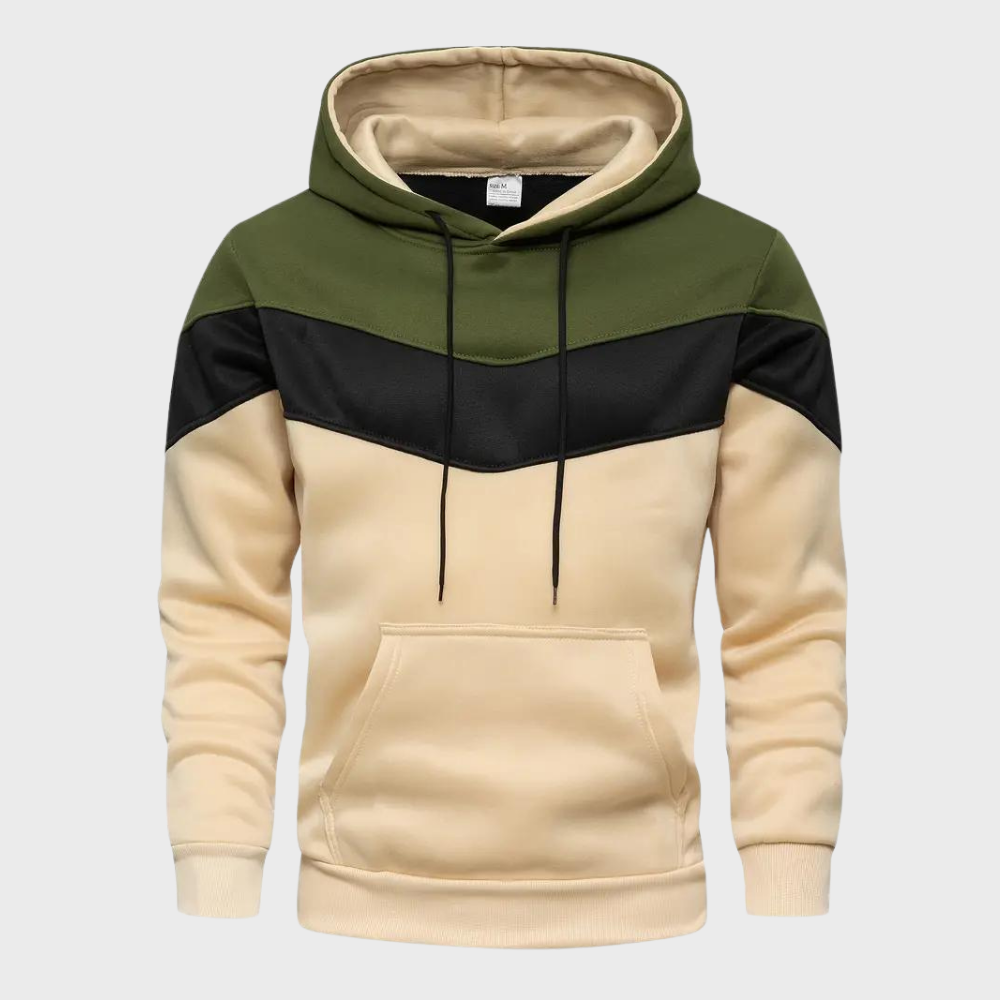 Heren hoodie met capuchon, beige met groene en zwarte accenten, kangoeroezak, casual streetwear, comfortabele katoenen trui.