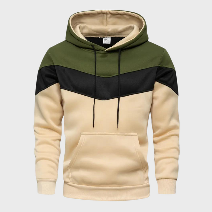 Heren hoodie met capuchon, beige met groene en zwarte accenten, kangoeroezak, casual streetwear, comfortabele katoenen trui.