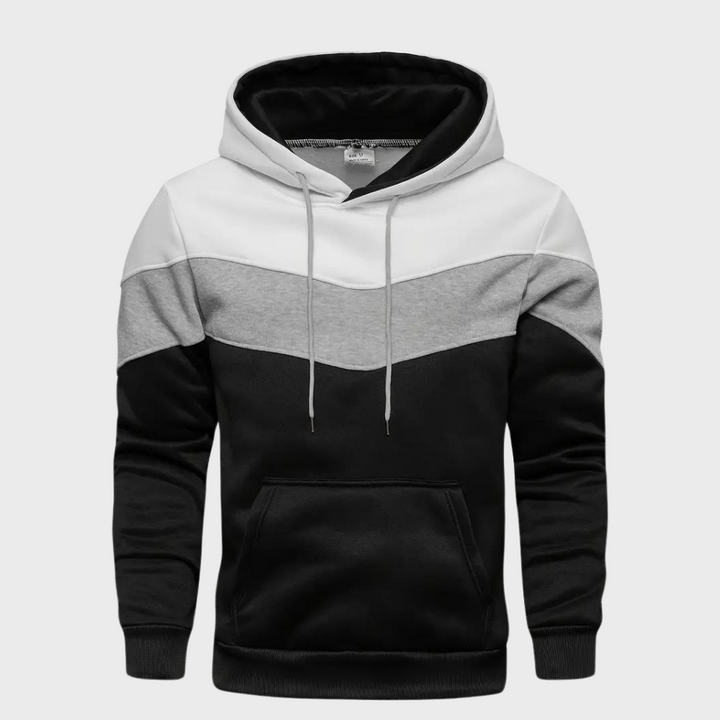 Zwart-wit-grijze heren hoodie met capuchon, kangoeroezak en trekkoorden. Comfortabele en stijlvolle trui voor casual en sportieve looks.