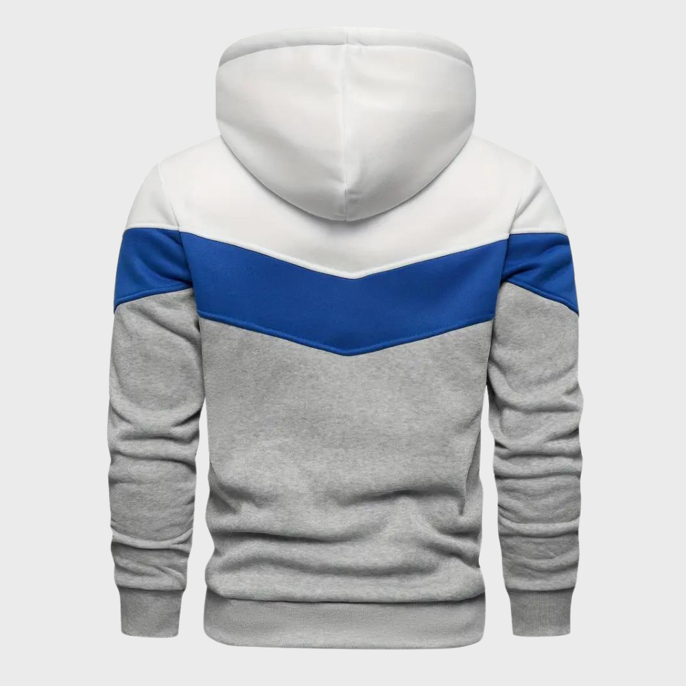 Grijze heren hoodie met capuchon, witte en blauwe accenten. Comfortabele sweater, casual mode, ideaal voor dagelijks gebruik.