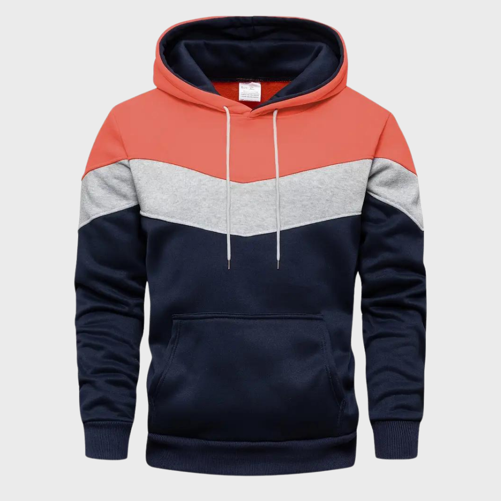 Heren hoodie met capuchon, kleurblokken in rood, grijs en donkerblauw, comfortabele pasvorm, casual mode, trendy streetwear.