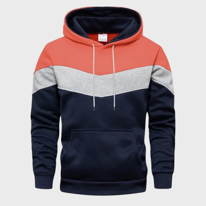 Heren hoodie met capuchon, kleurblokken in rood, grijs en donkerblauw, comfortabele pasvorm, casual mode, trendy streetwear.
