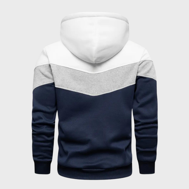 Heren hoodie met capuchon, driekleurig ontwerp in wit, grijs en donkerblauw, comfortabele pasvorm, casual mode, trendy streetwear.