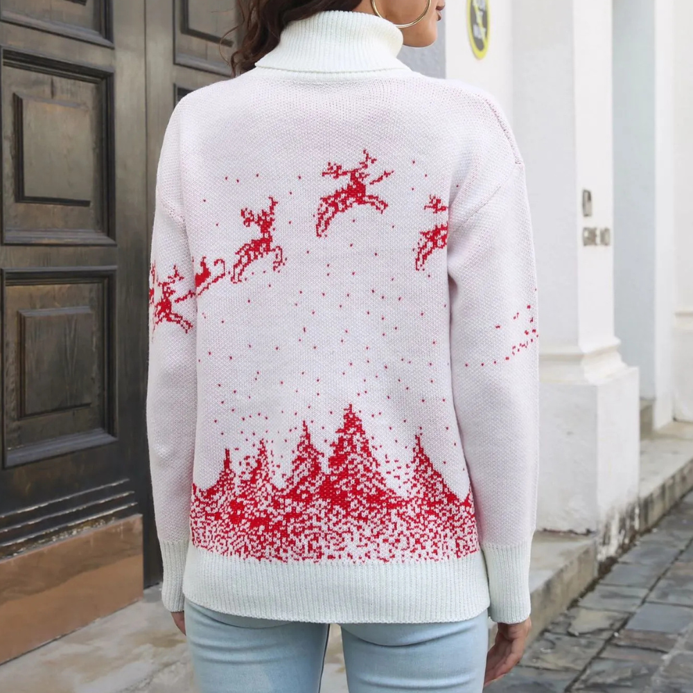 Witte kersttrui met rode rendieren en sneeuwvlokken, gebreid patroon, wintermode, dameskleding, casual stijl, warme coltrui.