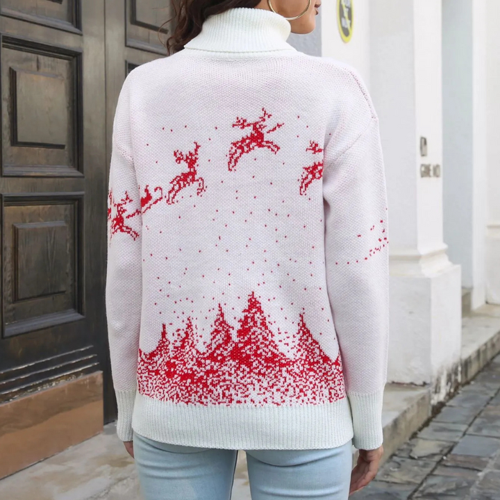 Witte kersttrui met rode rendieren en sneeuwvlokken, gebreid patroon, wintermode, dameskleding, casual stijl, warme coltrui.