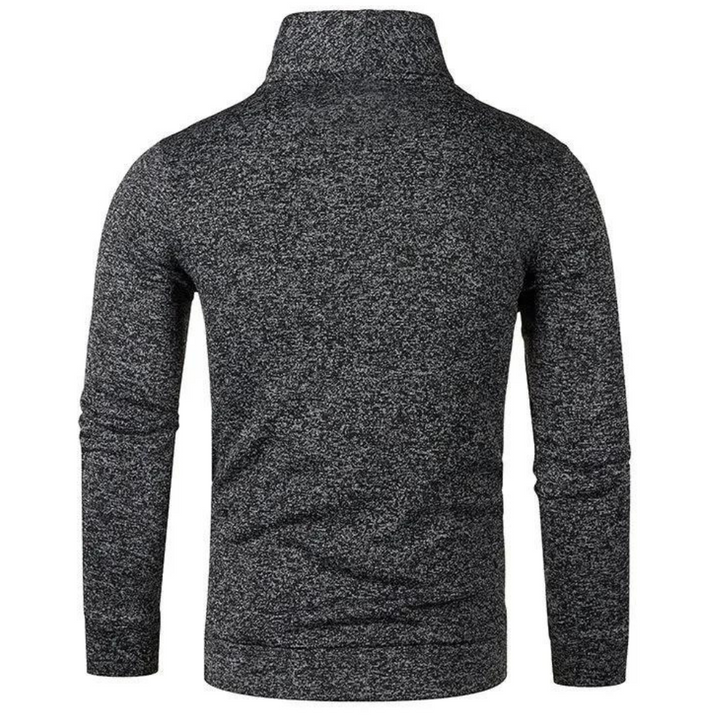 Donkergrijze gebreide trui met hoge kraag, lange mouwen en gemêleerd patroon, ideaal voor herenmode en winterkleding.