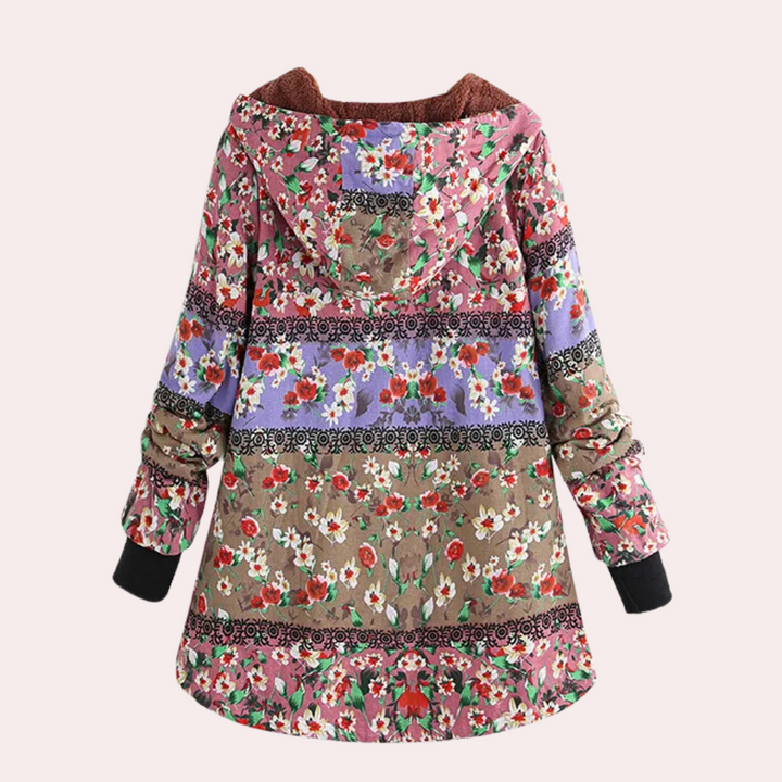 Damesjas met kleurrijk bloemenpatroon, capuchon en lange mouwen. Perfect voor herfstmode, bohemian stijl, warme en stijlvolle buitenkleding.